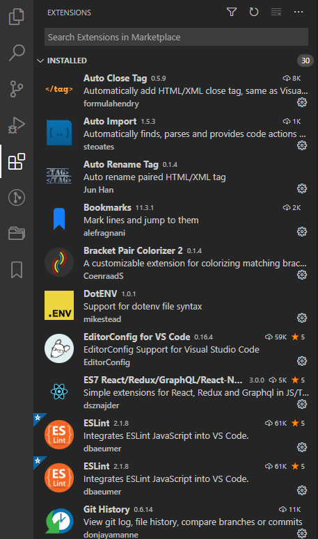 Visual Studio Code sidebar with extensions